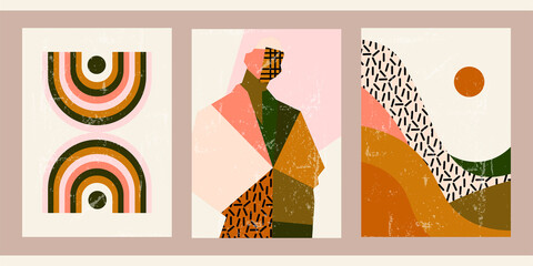 A set of three abstract posters. Modern creative minimalistic elegant illustration. Vintage aged striped background with silhouette of a man, boho rainbow, landscape with sun, tropical pattern.