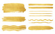 Leinwandbild Motiv Golden foil artistic brush strokes, brushstroke shapes, smears, stripes, rough lines set. Hand drawn creative textured text backgrounds, gold painted graphic design elements. Frame, banner templates.