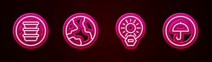 Wall Mural - Set line Bowl, Worldwide, No direct sunlight and Delivery package with umbrella. Glowing neon icon. Vector