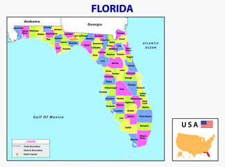  Florida map. Political map of Florida in USA.  District map with USA.