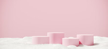 Minimal Product Background For Christmas And Winter Holiday Concept. Pink Podium And Snow Drifts On Pink Background. 3d Render Illustration. Clipping Path Of Each Element Included.