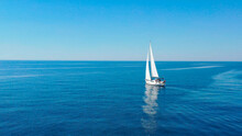 Aerial View Of Sailing Luxury Yacht At Opened Sea At Sunny Day In Croatia