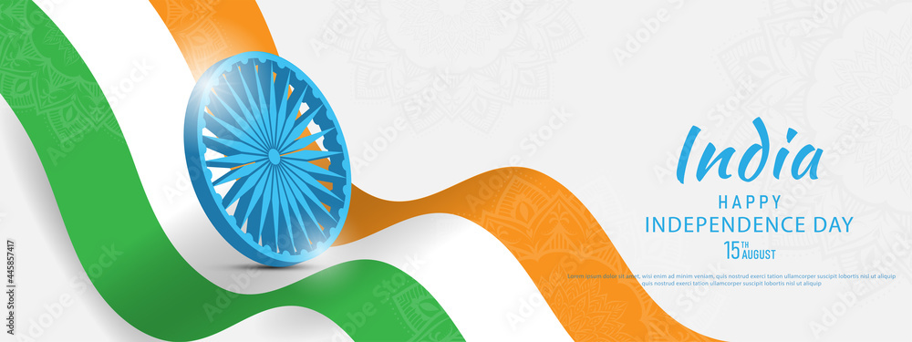 15 th August Indian Independence Day banner template design with Indian flag and Ashoka Chakra - obrazy, fototapety, plakaty 