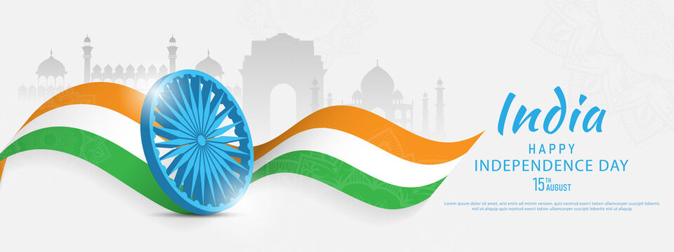 15 th august indian independence day banner template design with indian flag and silhouette of india
