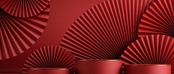 Chinese style minimal abstract background .chinese pan and podium with red background for product presentation. 3d rendering illustration.