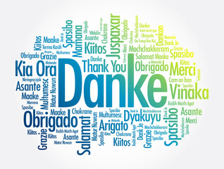 Sticker - Danke (Thank You in German) Word Cloud background, all languages, multilingual for education or thanksgiving day