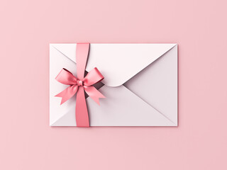 Poster - White envelope with pink ribbon bow isolated on pink pastel color background with shadow gift voucher minimal conceptual 3D rendering