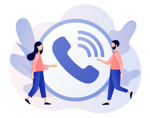 Wall Mural - phone call. big accept button. tiny people receive incoming call. communication concept. modern flat