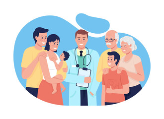 Canvas Print - General medical treatment for people all ages 2D vector isolated illustration. Providing health care for entire family flat characters on cartoon background. Comprehensive healthcare colourful scene