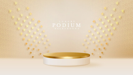 Wall Mural - 3d style podium golden luxury on star shape background, vector illustration for promoting sales and marketing.