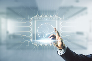 Wall Mural - double exposure of man hand working with creative human brain microcircuit hologram on blurred offic
