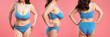 Woman in blue top bra with very large breasts, plastic surgery concept on pink background, collage of several photos