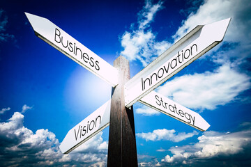 Wall Mural - Business, innovation, vision, strategy concept - signpost with four arrows