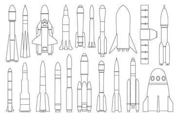 Space rocket vector outline set icon. Spaceship isolated outline set icon. Vector illustration space rocket on white background.