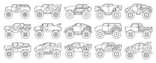 Monster Truck Isolated Outline Set Icon. Vector Outline Set Icon Car. Vector Illustration Monster Truck On White Background.