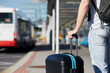 © Chalabala - Passenger waiting at bus station in front of airport terminal. Selective focus on hand holding suitcace.