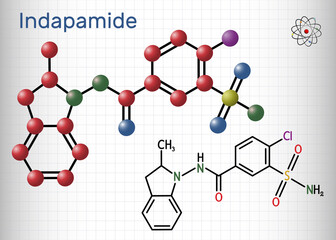 Canvas Print - Indapamide molecule. It is thiazide-like diuretic, hypertension drug. Structural chemical formula and molecule model. Sheet of paper in a cage