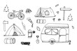 Set of doodle forestry camping design elements.Hand drawing elements of camping and tourism isolated on white background. A cute background full of icons, perfect for flyers,summer camps. Bikepacking.