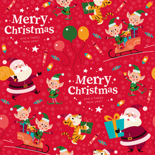Seamless Pattern With Santa Claus, Tiger, Elves Characters In A Sleigh With Merry Christmas Congratulation. For Christmas Cards, Invitations, Packaging Paper Etc. Vector Flat Cartoon Illustration.