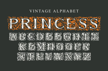 Wall Mural - The word PRINCESS. Luxury design of Beautiful hand-drawn font for card, invitation, monogram, label, logo. Vintage royal Alphabet, vector set of ornate initial alphabet letters on a black background