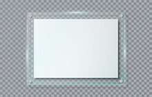 Realistic Blank Poster In Glass Frame Hanging On Wall Isolated On Transparent Background. Clear Horizontal Acrylic Name Plate With Mounting Brackets. Banner Plexiglass Holder. 3d Vector Illustration