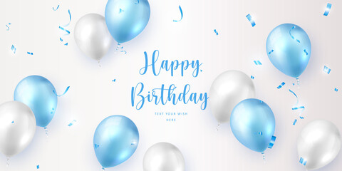 Wall Mural - Elegant blue white ballon and party propper ribbon Happy Birthday celebration card banner template background