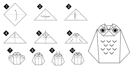 Poster - Step by step how to make origami owl bird . Vector monochrome instructions illustration. Black and white paper DIY.