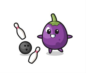 Poster - Character cartoon of eggplant is playing bowling