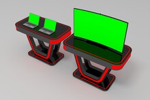 3d Illustration Stand Booth Display Laptop Led Tv With Green Screen Hi-tech Futuristic Decoration Minimalis Red Lighted For Even Exhibition Fair Trade. Image Render Isolated.