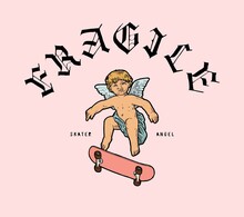 Cupid Skateboarding. Fragile Little Pink Skater Angel. Medieval Typography Street Fashion T-shirt Print. Outdoors Sports Character.