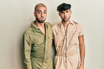 Poster - Homosexual gay couple standing together wearing casual jumpsuit puffing cheeks with funny face. mouth inflated with air, crazy expression.