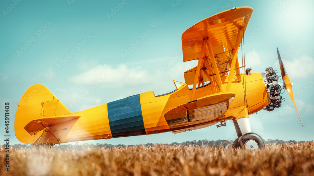 sideview of an historical biplane - obrazy, fototapety, plakaty 