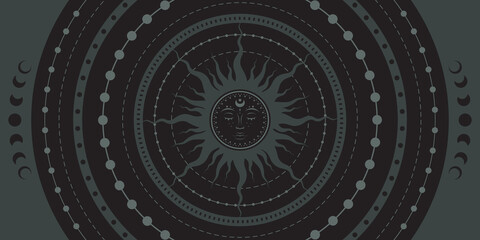 Wall Mural - boho sun with sleeping face background. vector mystical esoteric dark banner with moon phases and co