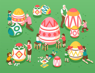  Easter Isometric Illustration With Children Adult Characters Painting Eggs