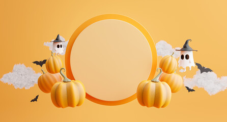 Wall Mural - podium with halloween concept,pumpkin,bat,cloud,ghost for product display