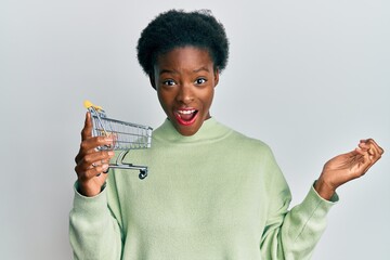 Poster - Young african american girl holding small supermarket shopping cart screaming proud, celebrating victory and success very excited with raised arms