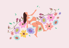A Pregnant Woman In White Underwear On A Background Of Flowers. Ideal For Web Resources, Postcards And Other Women's Online Resources. Vector Illustration.