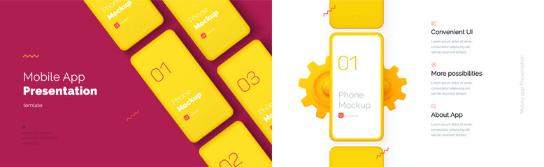 Wall Mural - modern presentation of a mobile application. mobile phone mockup on a yellow background with a descr