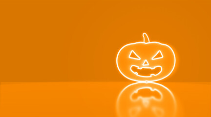 Icon Pumpkin in neon on orange background with space for text. Halloween.