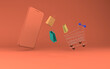 Online shopping concept. Trolley, bags and mobile phone are flying on color. 3D render.