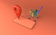 Online shopping concept. Trolley, bags, mobile phone and location pin on a colored background. 3D render.