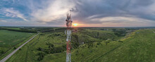 Telecommunication Tower 5G, Wide Panorama 180. Wireless GSM Antenna Connection System Of Communication Systems In Countryside.