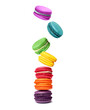 Delicious macaroons of different colors in white space