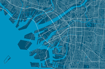 Detailed map of Osaka city, linear print map, land panorama.