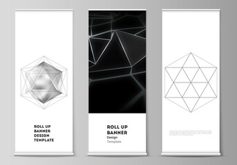 Wall Mural - The vector layout of roll up banner stands, vertical flyers, flags design business templates. 3d polygonal geometric modern design abstract background. Science or technology vector illustration.