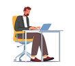 © Anna Syvak - Business Man Character Working on Laptop Sitting at Desk Workplace in Office or Home. Manager, Clerk Work on Computer