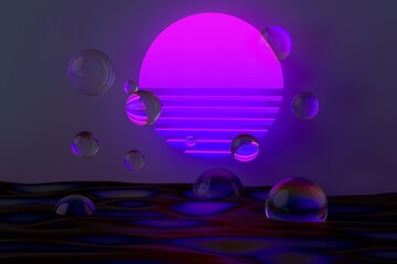 Wall Mural - Sci-fi synthwave style 3D illustration with neon sun above the sea.