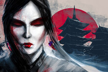 Artwork Illustration Of Japanese Geisha Painted Woman Face With Blood Splatter And Ancient Buildings On Background.