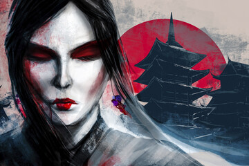 Artwork illustration of japanese geisha painted woman face with blood splatter and ancient buildings on background.