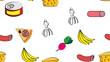 Endless white seamless pattern from a set of icons of delicious food and snacks items for a restaurant bar cafe: sausage, bananas, radish, squid, cheese, canned food, pizza. The background